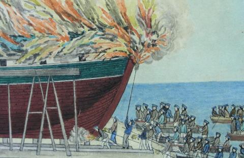 Englantilaiset polttavat Raahen laivavarvin. Yksityiskohta Hedmanin maalauksesta.